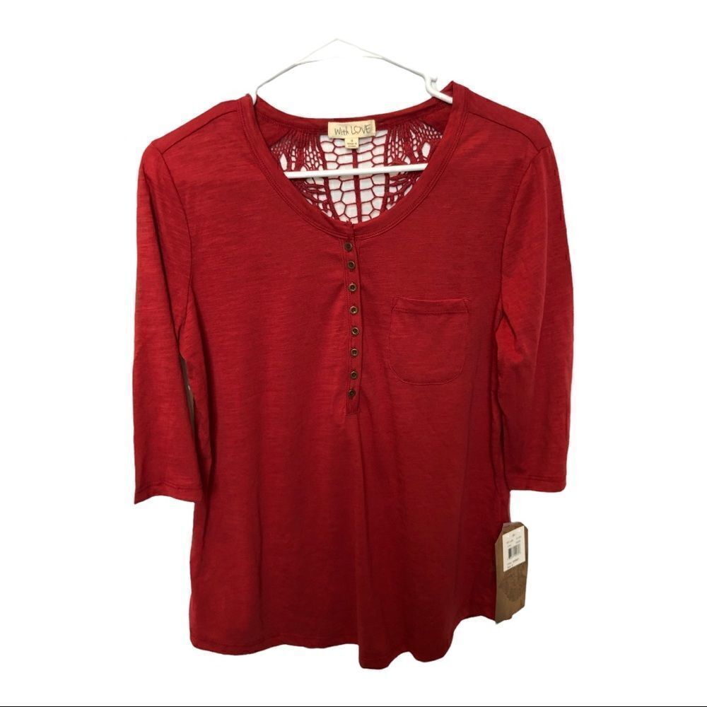 With Love 3/4 sleeve blouse V neck Garnet Small New with tag